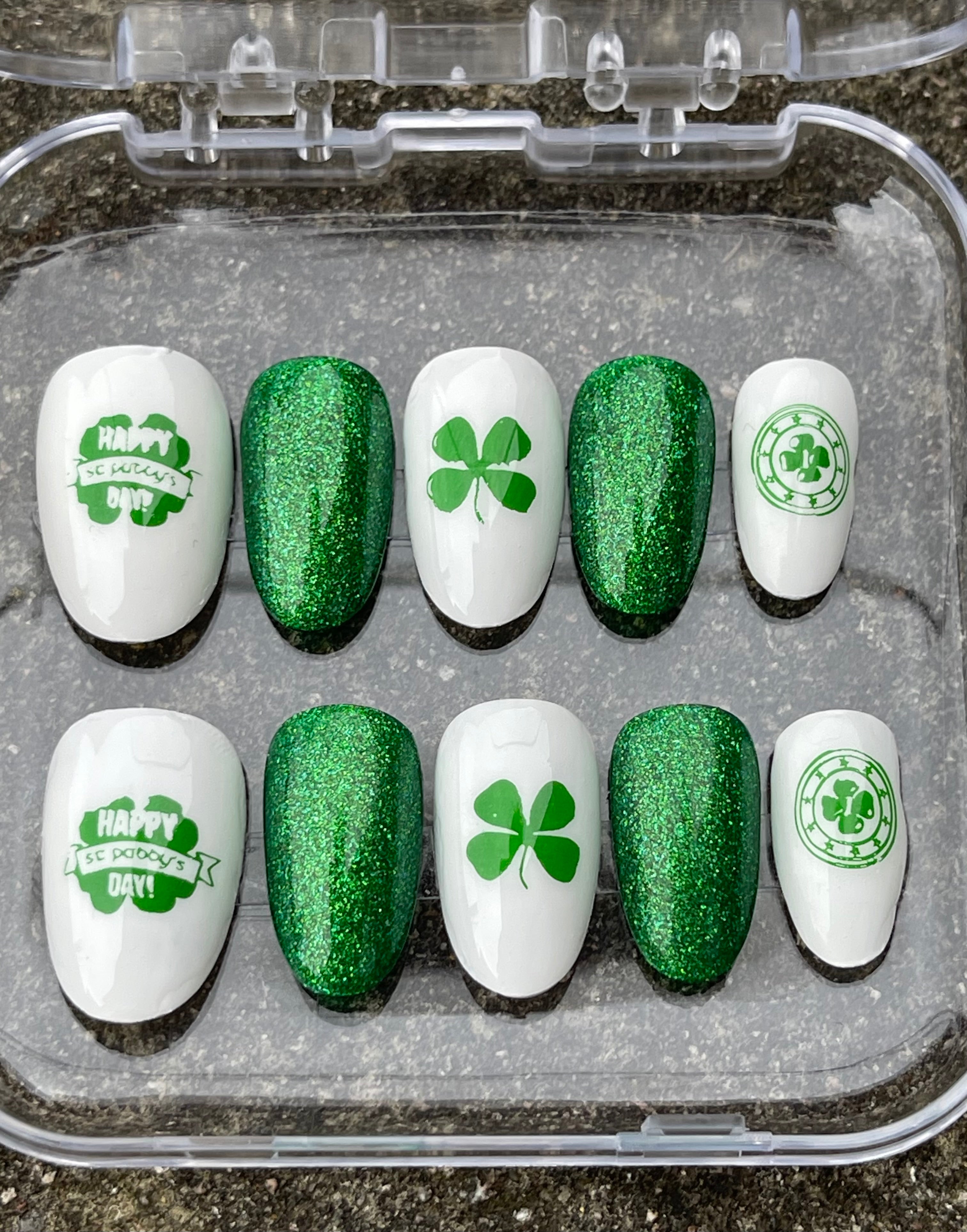St Patrick’s Day Press On Nails | Shamrock, White & Green & Gold Nail Designs | Handmade