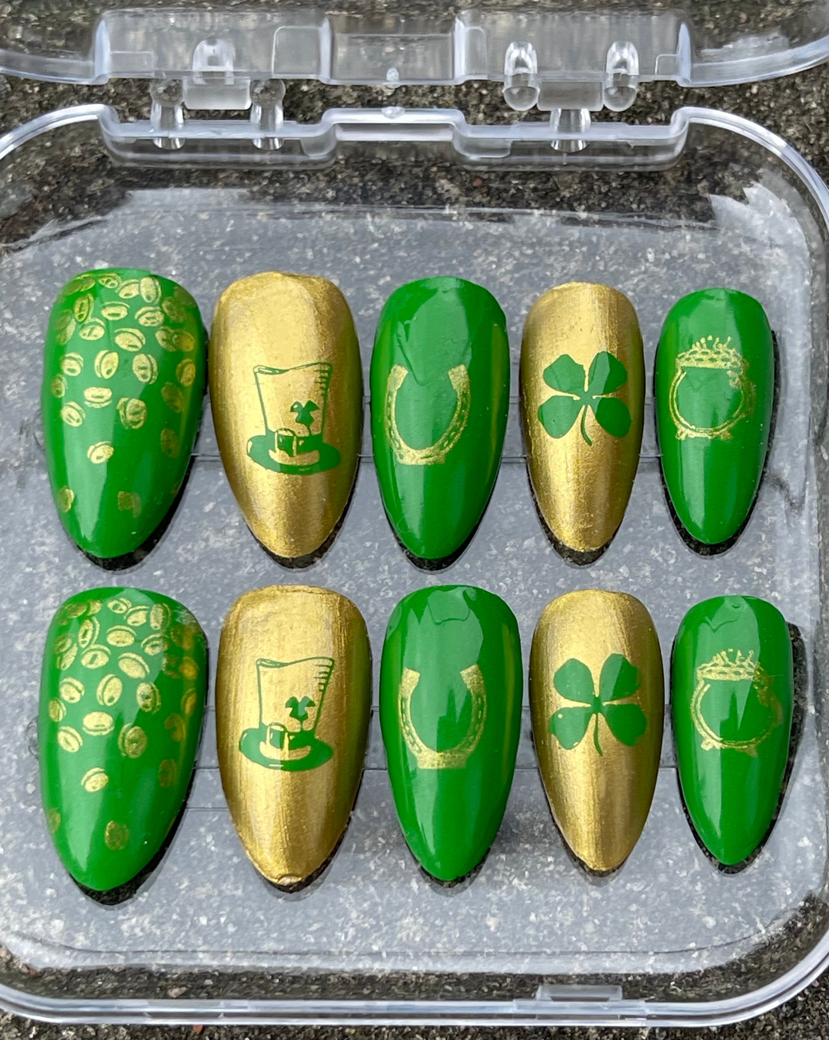 St Patrick’s Day Press On Nails | Shamrock & Green & Gold Nail Designs | Handmade