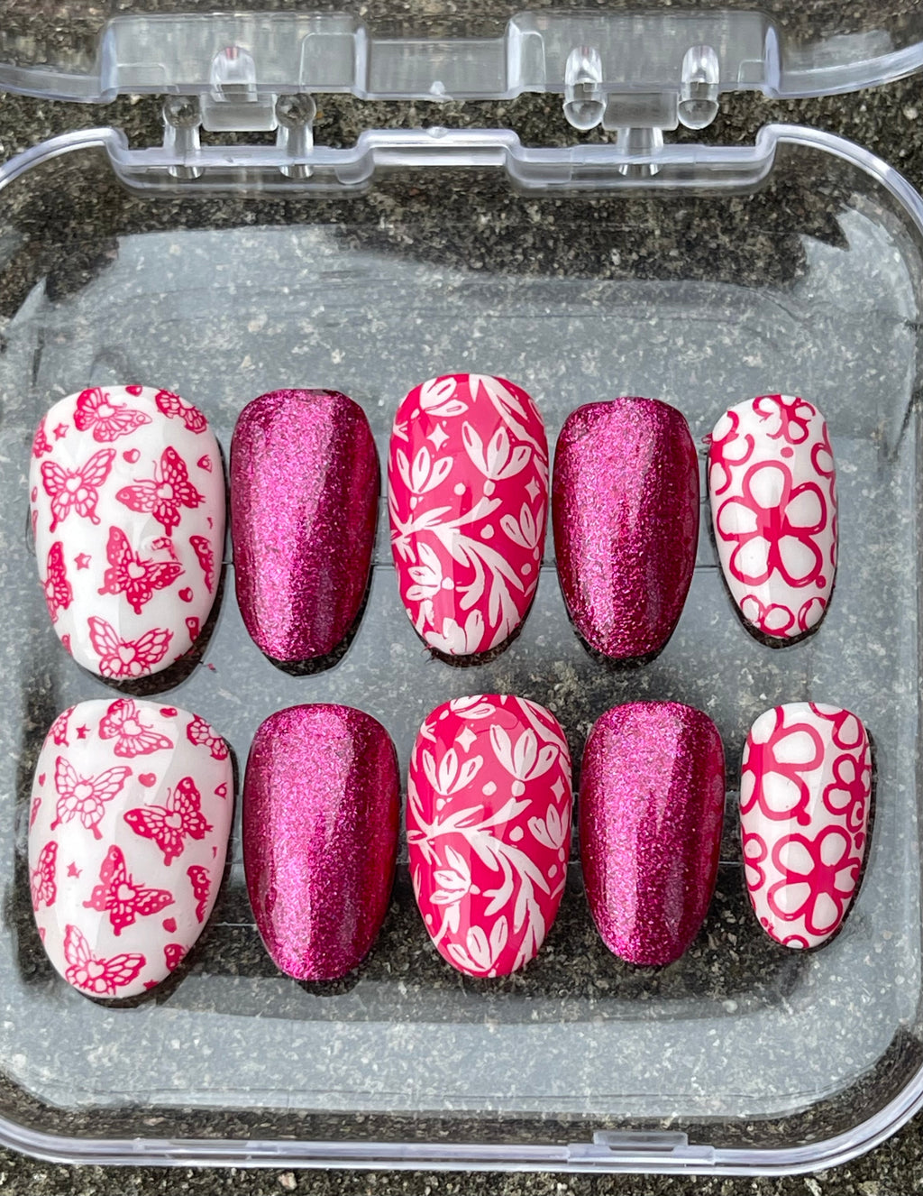 Pink Sparkly Summer Press On Nails | Glitter Holiday Nails | Handmade