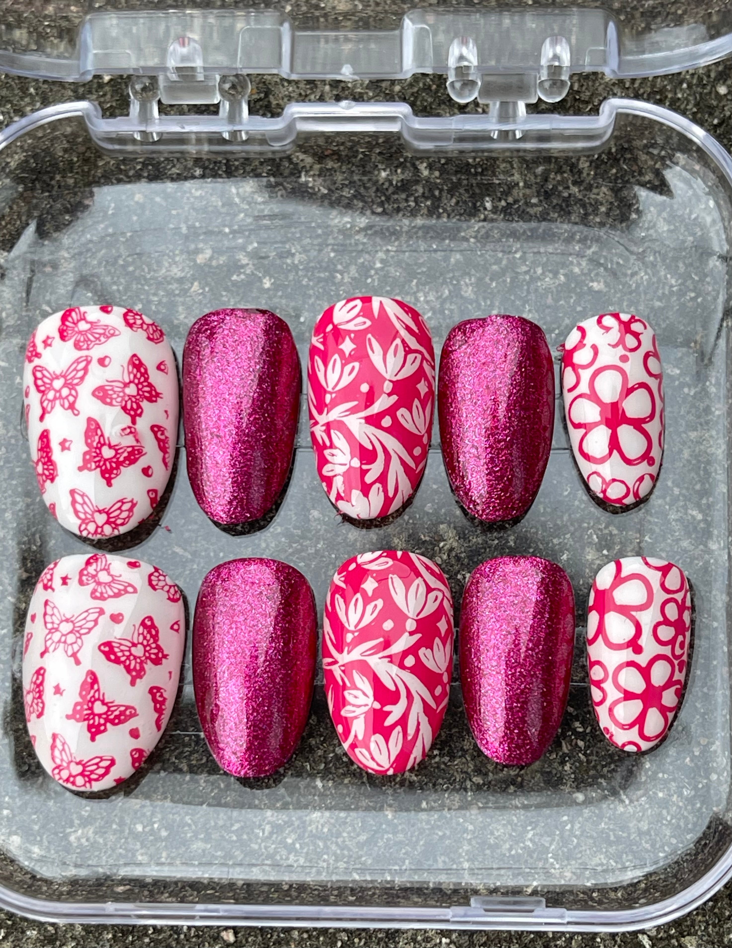 Pink Sparkly Summer Press On Nails | Glitter Holiday Nails | Handmade