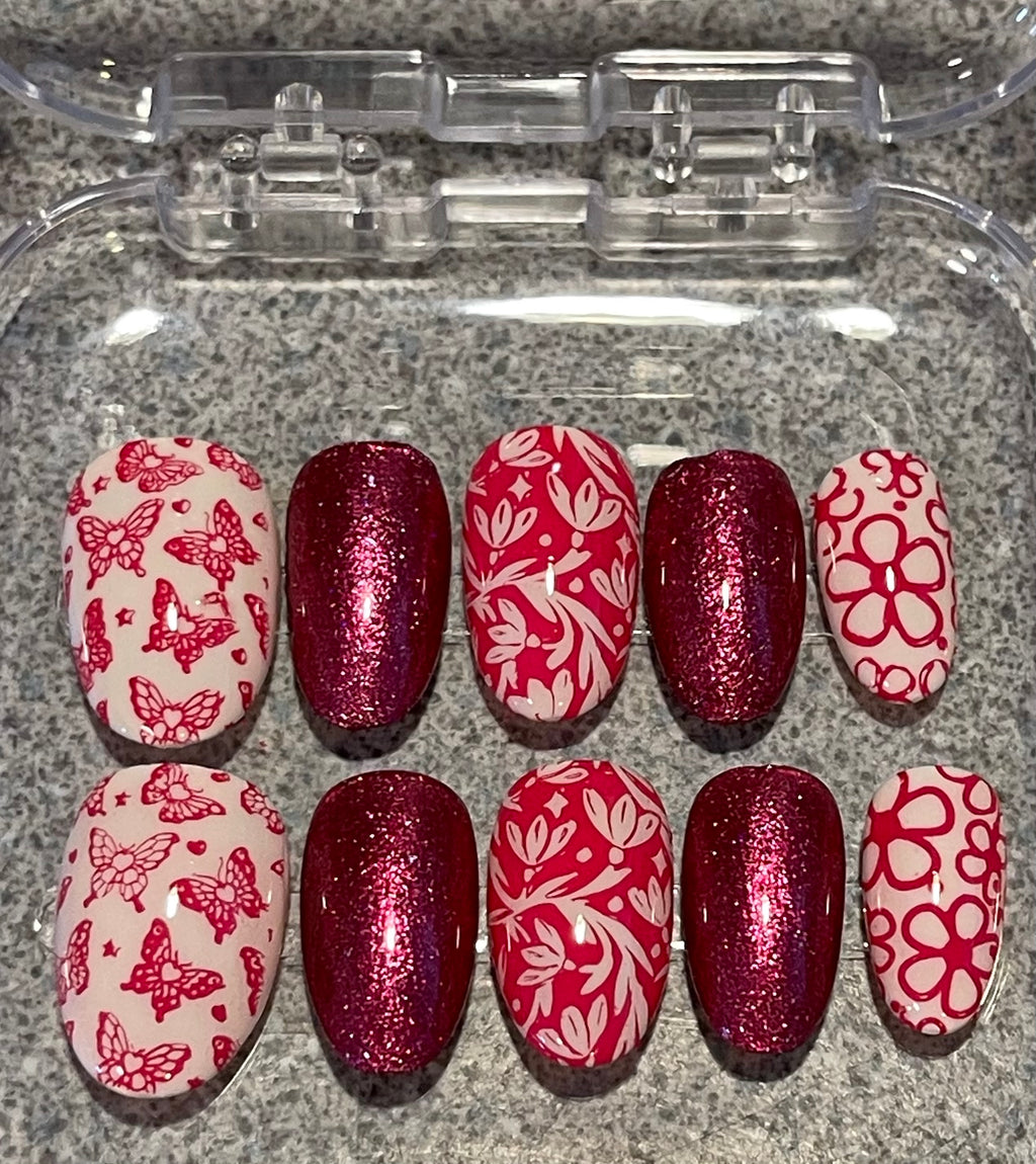Pink Sparkly Summer Press On Nails | Glitter Holiday Nails | Handmade