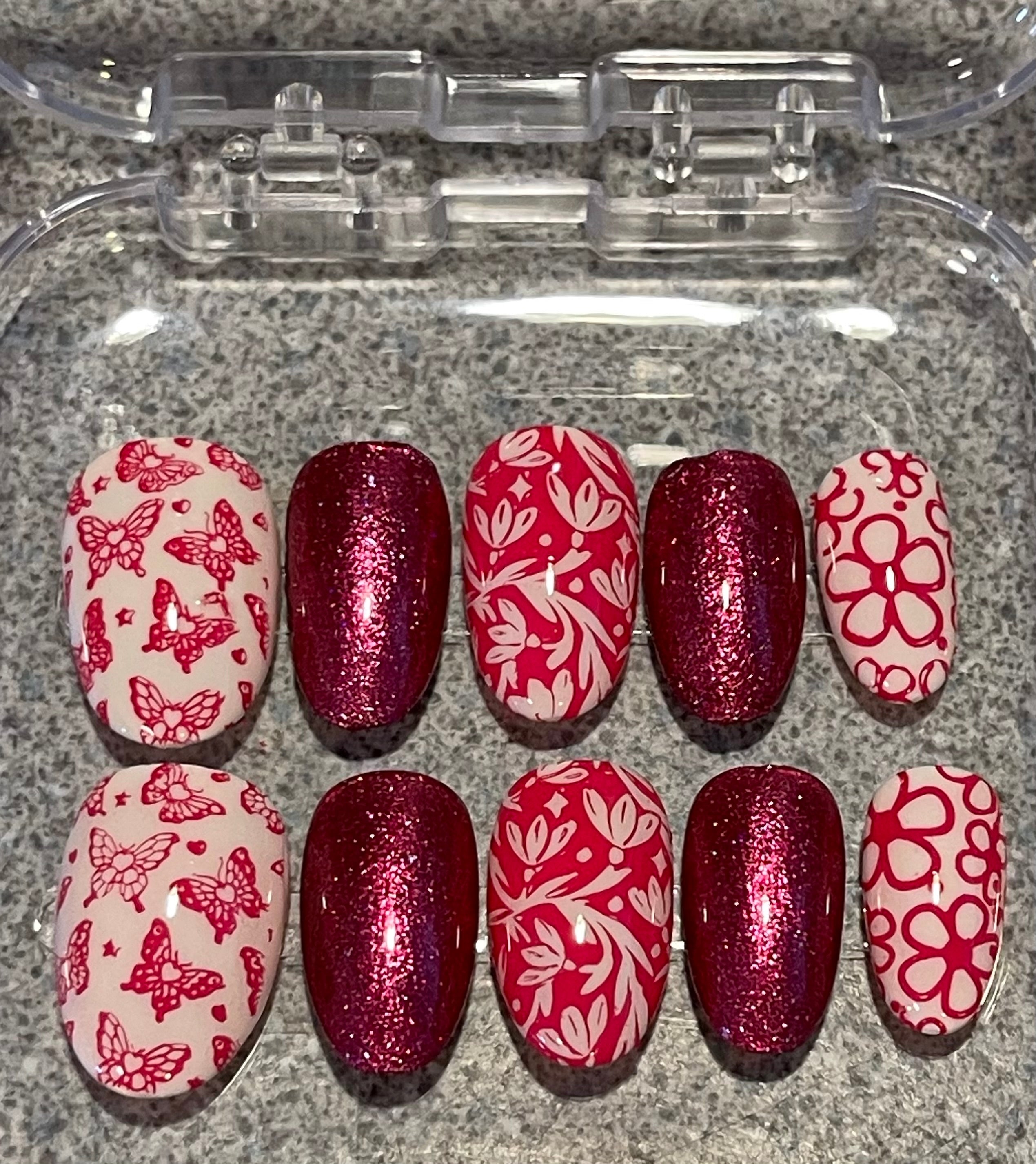 Pink Sparkly Summer Press On Nails | Glitter Holiday Nails | Handmade