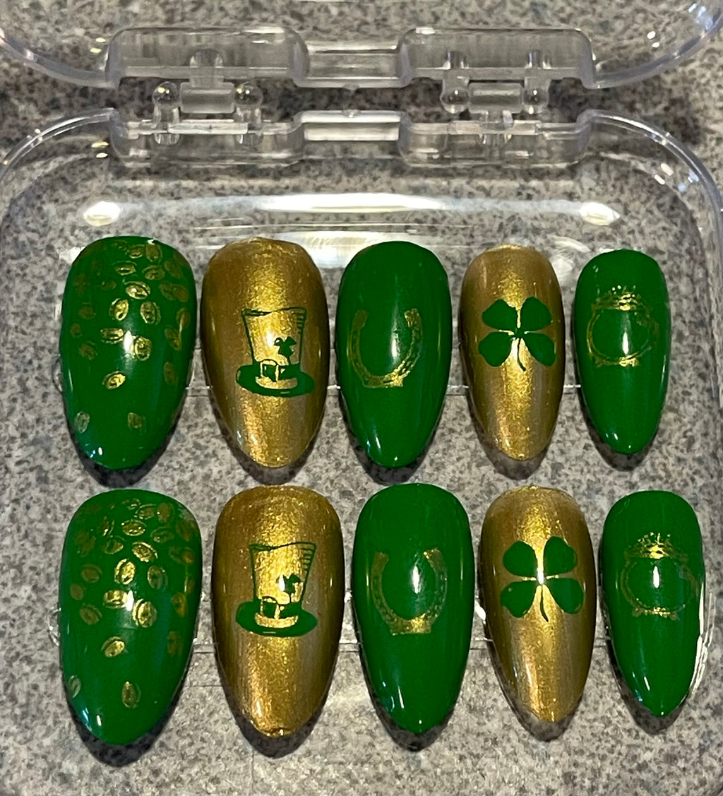 St Patrick’s Day Press On Nails | Shamrock & Green & Gold Nail Designs | Handmade