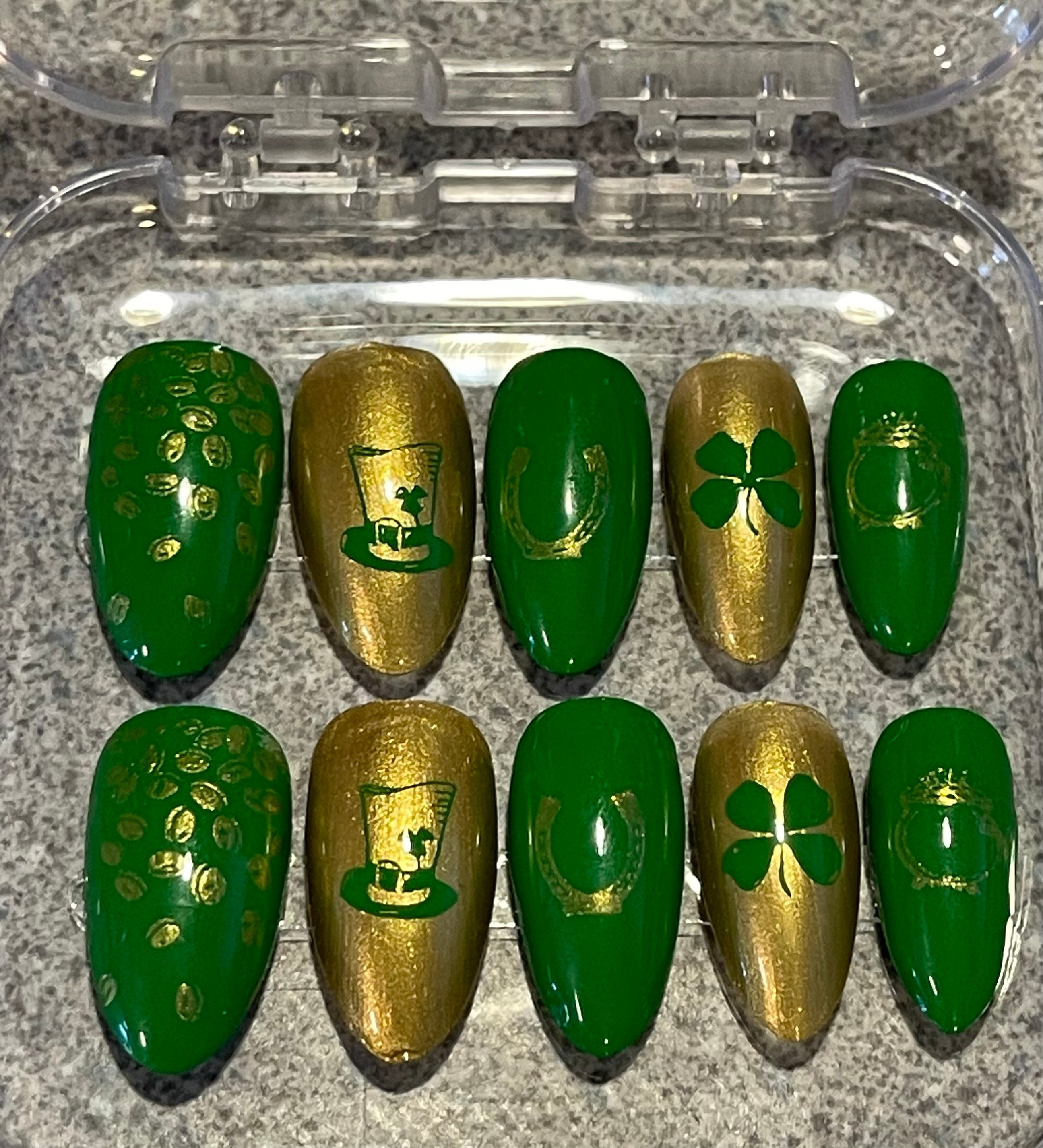 St Patrick’s Day Press On Nails | Shamrock & Green & Gold Nail Designs | Handmade