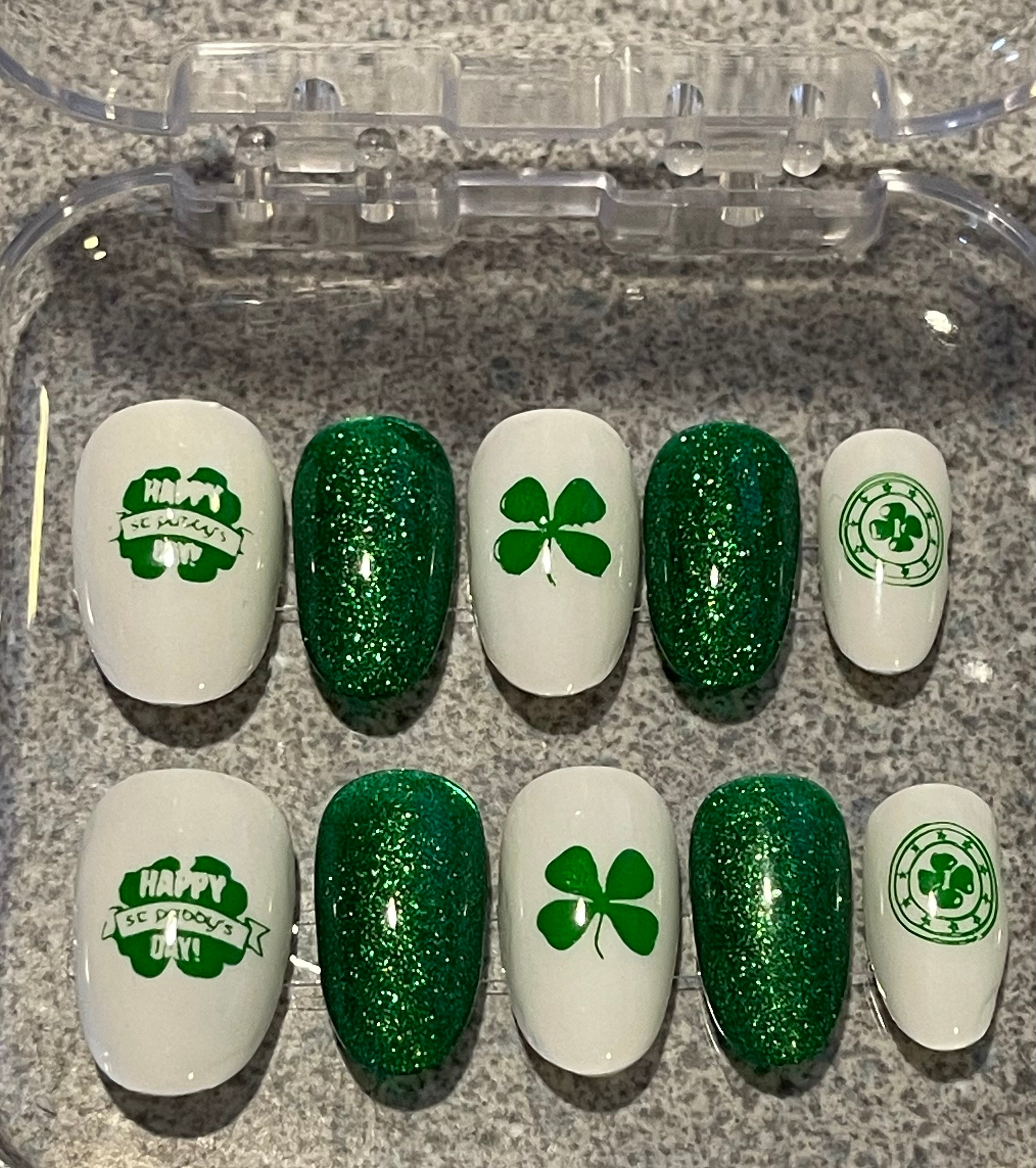 St Patrick’s Day Press On Nails | Shamrock, White & Green & Gold Nail Designs | Handmade