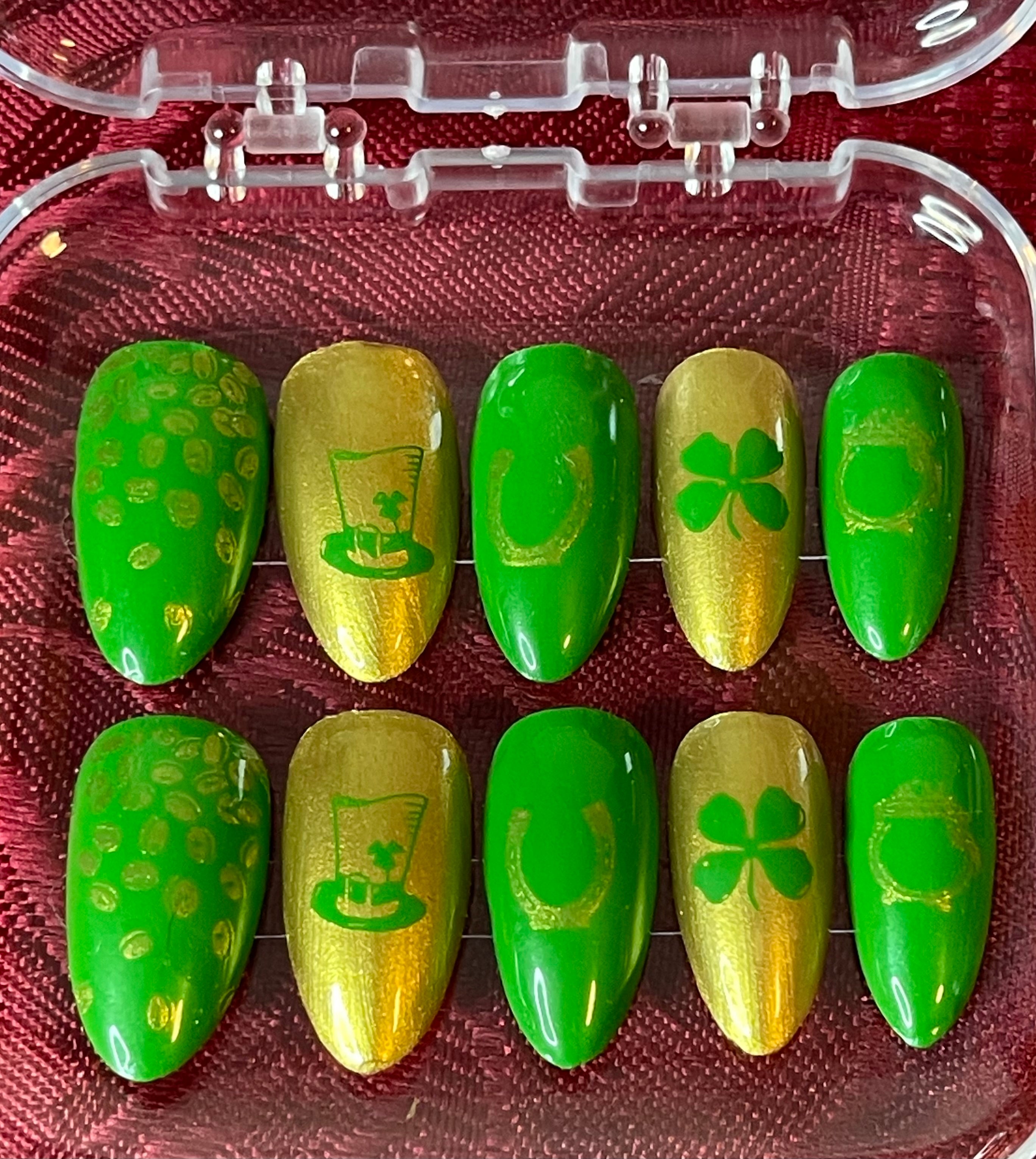 St Patrick’s Day Press On Nails | Shamrock & Green & Gold Nail Designs | Handmade