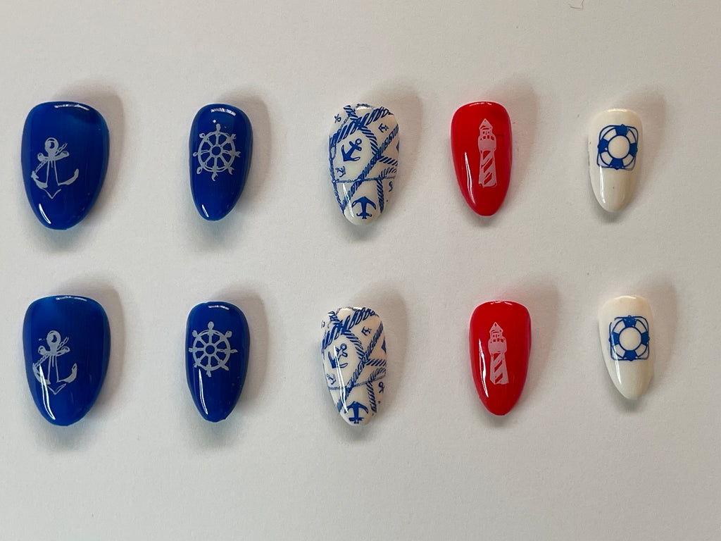 Nautical Press On Nails | Glossy Summer Holiday Nails | Handmade