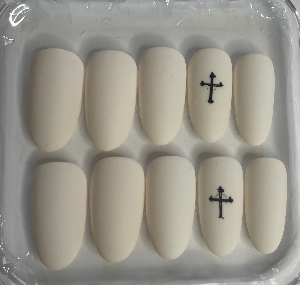 Easter Matte White Press On Nails with Black Crucifix | Crucifix Accent Nail | Matte Christian Nails | Handmade