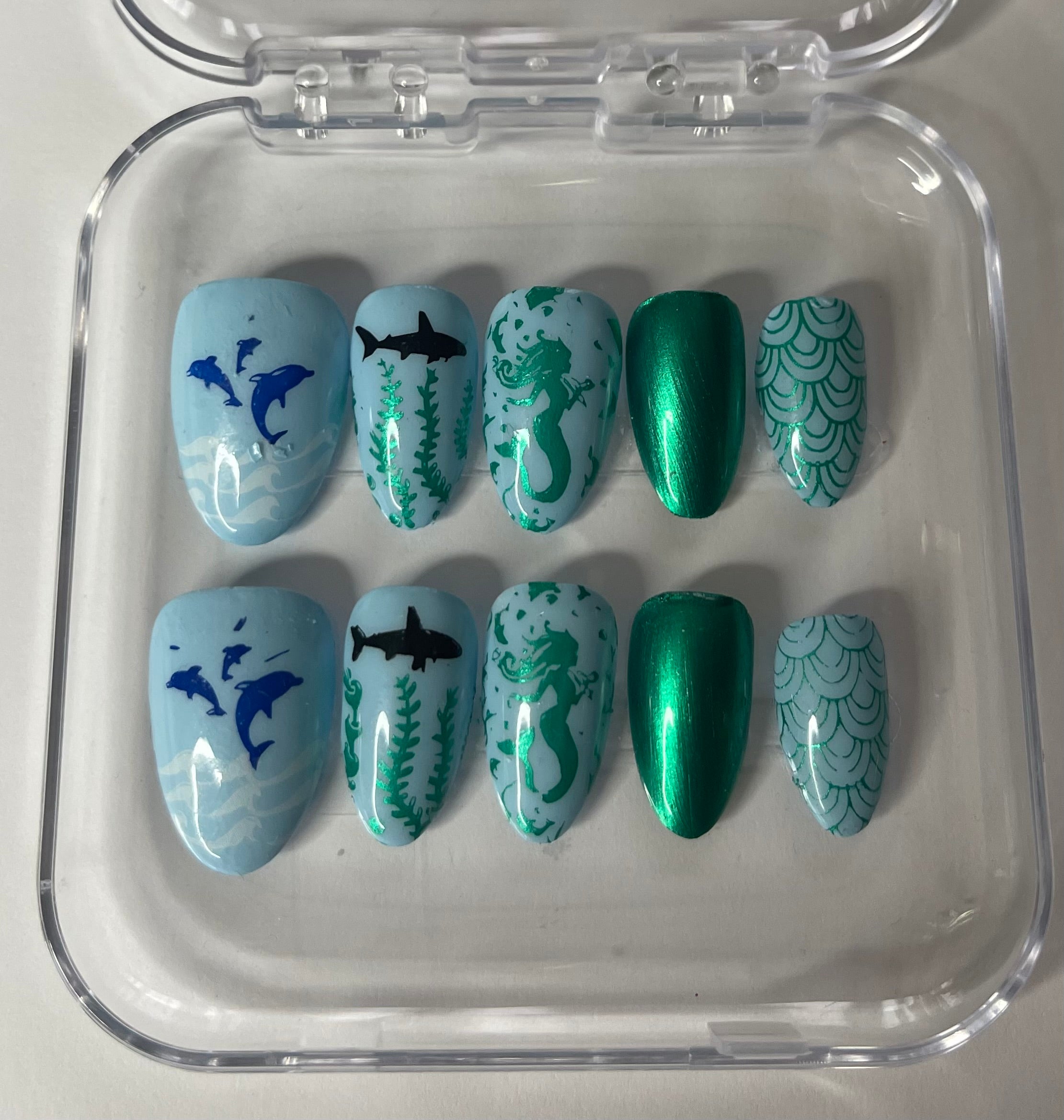 Under the Sea Press On Nails | Mermaid Ocean Nails | Dolphin & Shark Nail Art | Blue Beach Nails | Summer Press On Nails | Handmade