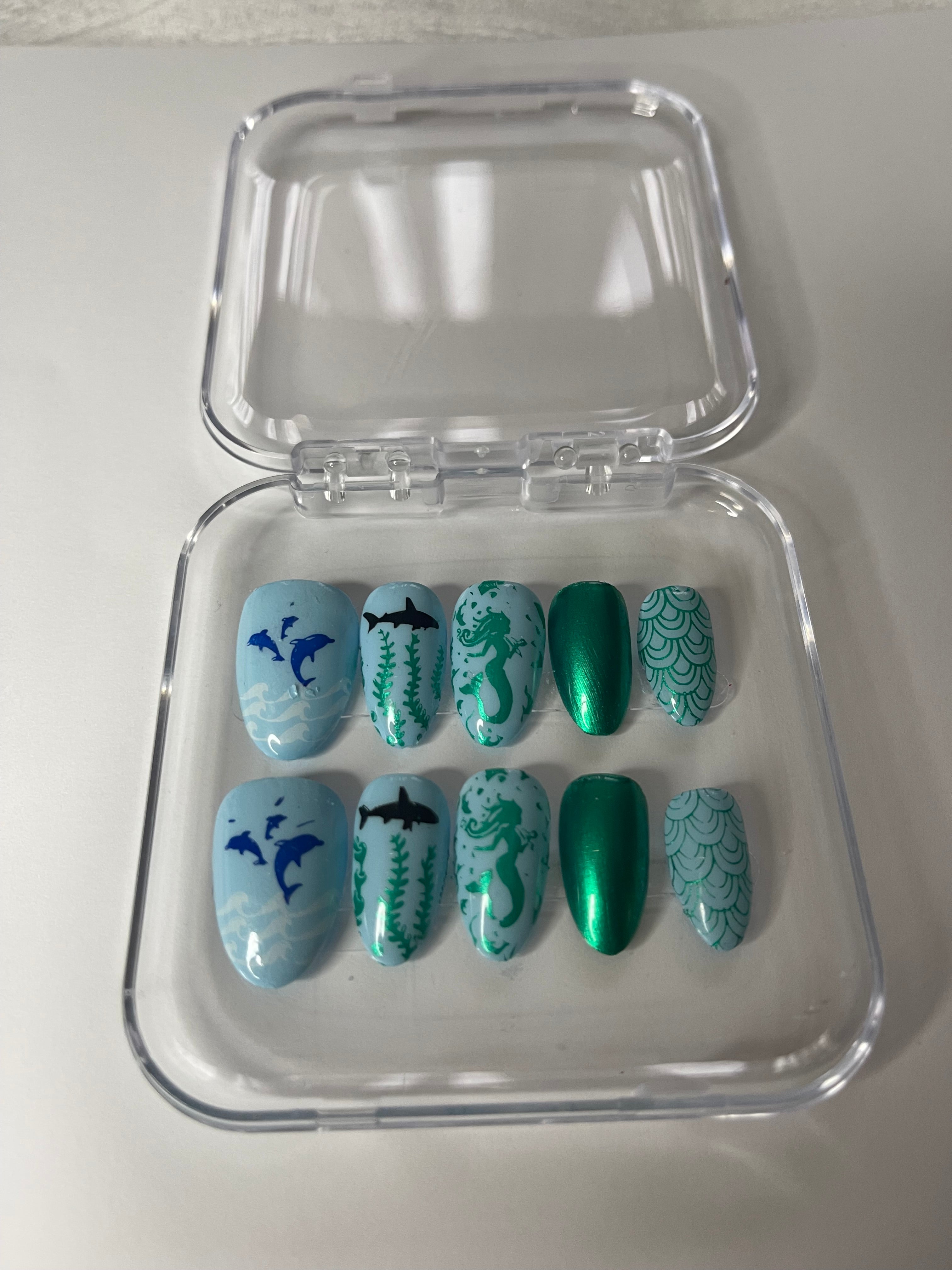 Under the Sea Press On Nails | Mermaid Ocean Nails | Dolphin & Shark Nail Art | Blue Beach Nails | Summer Press On Nails | Handmade
