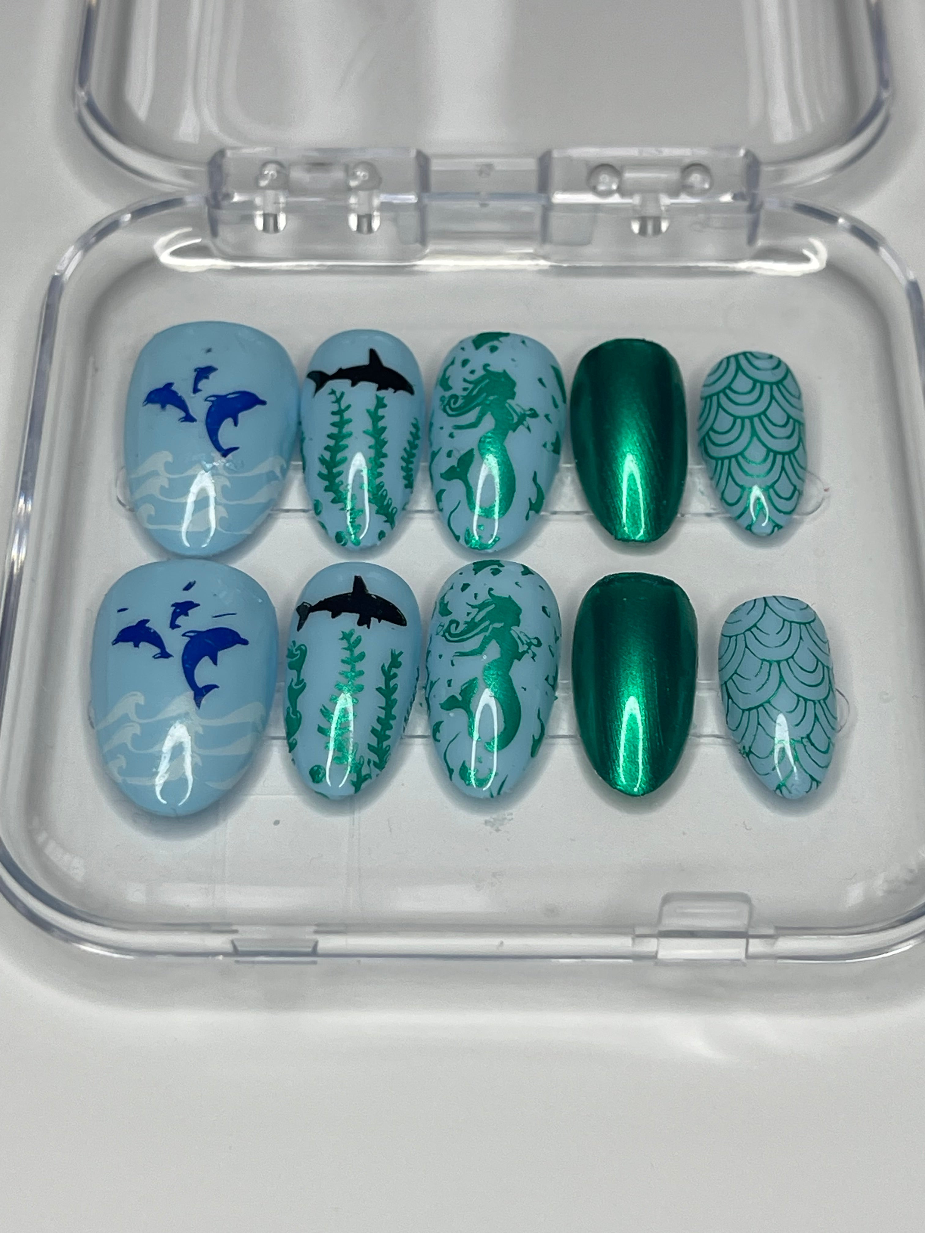 Under the Sea Press On Nails | Mermaid Ocean Nails | Dolphin & Shark Nail Art | Blue Beach Nails | Summer Press On Nails | Handmade