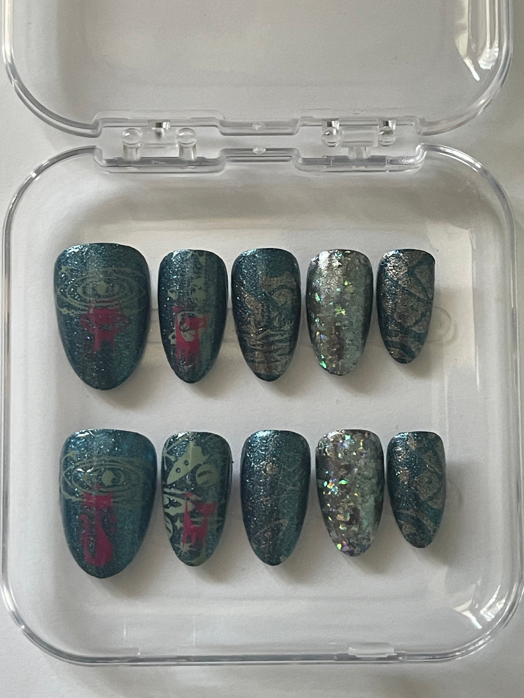 SPACE CATS Metallic Green Press-On Nails | Pink Cat Galaxy Design | Handmade