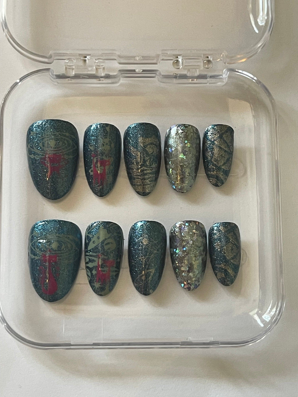 SPACE CATS Metallic Green Press-On Nails | Pink Cat Galaxy Design | Handmade
