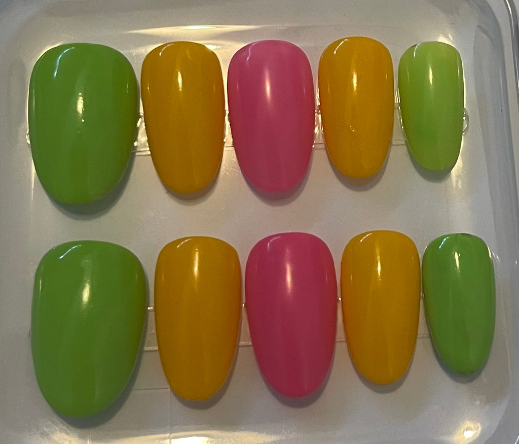 Summer Fruits Bright Multicolour Press-On Nails | Pink, Green & Yellow Nails | Handmade