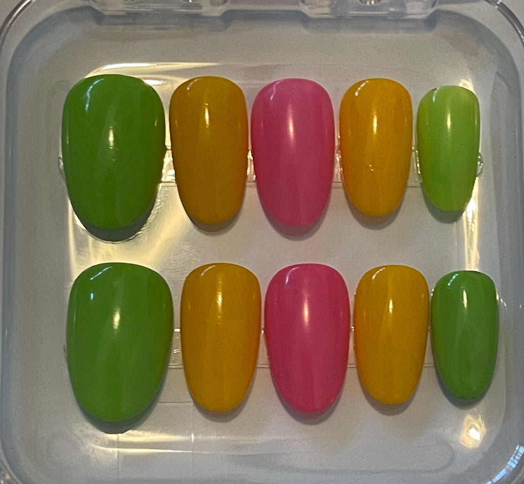 Summer Fruits Bright Multicolour Press-On Nails | Pink, Green & Yellow Nails | Handmade