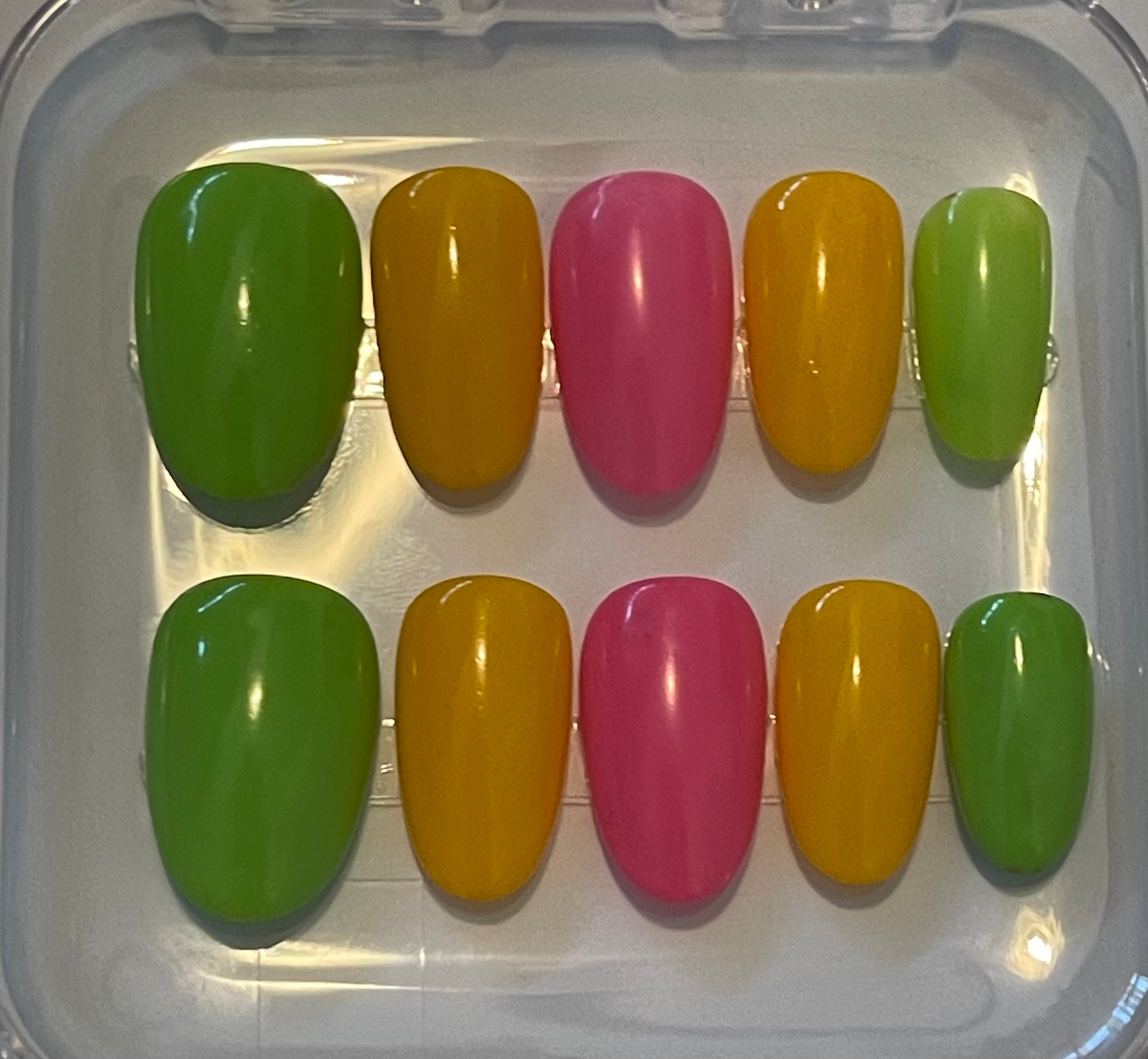 Summer Fruits Bright Multicolour Press-On Nails | Pink, Green & Yellow Nails | Handmade