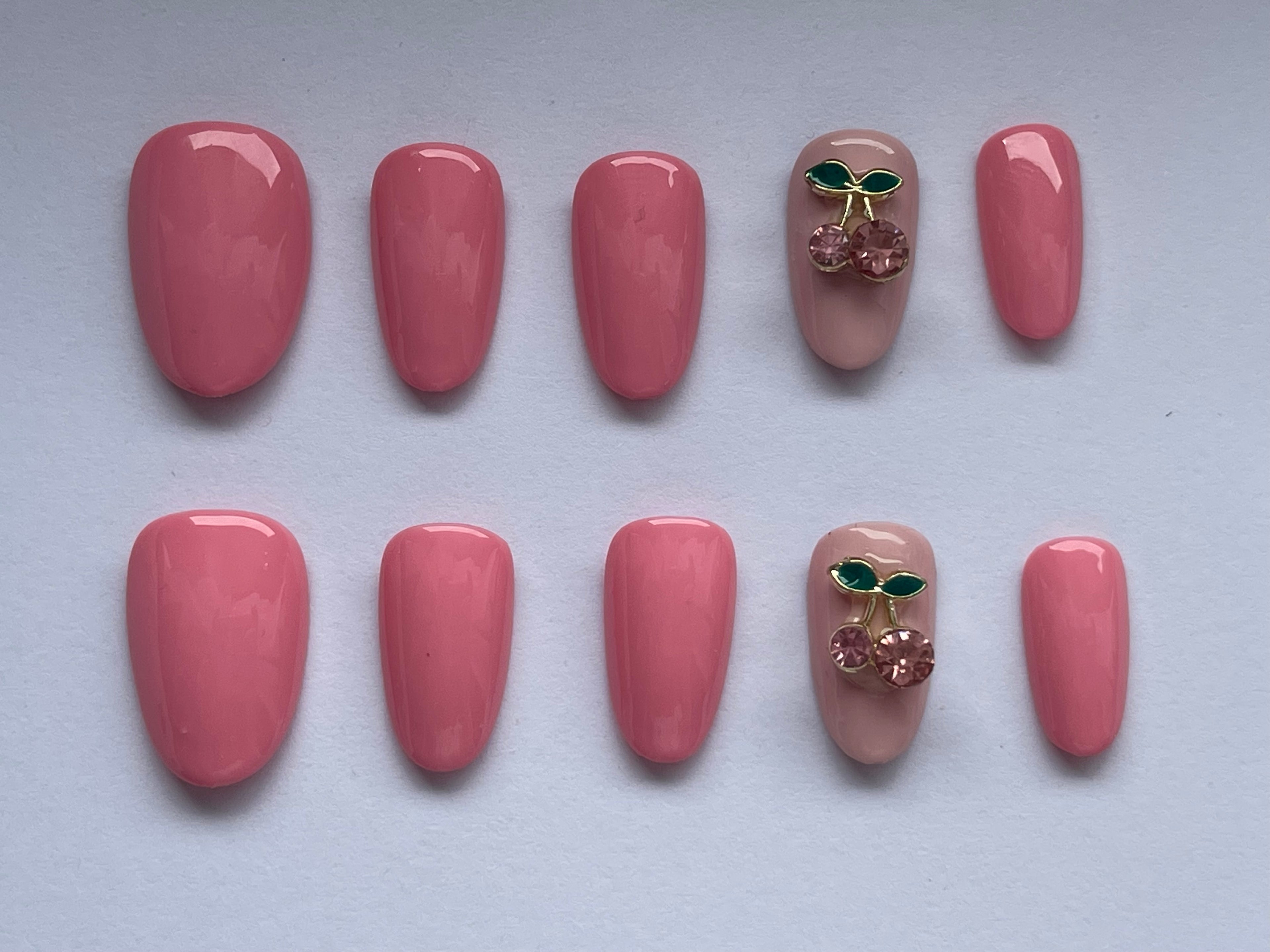 Cherry Blossom Luxe – Handcrafted Pink Press-On Nails with Cherry Charm