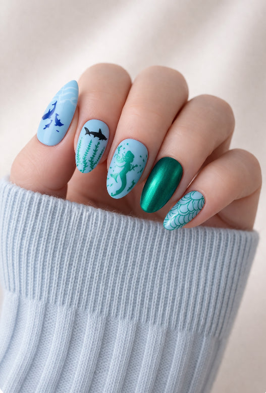Under the Sea Press On Nails | Mermaid Ocean Nails | Dolphin & Shark Nail Art | Blue Beach Nails | Summer Press On Nails | Handmade