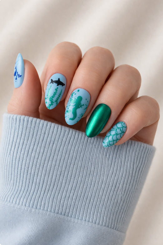 Under the Sea Press On Nails | Mermaid Ocean Nails | Dolphin & Shark Nail Art | Blue Beach Nails | Summer Press On Nails | Handmade