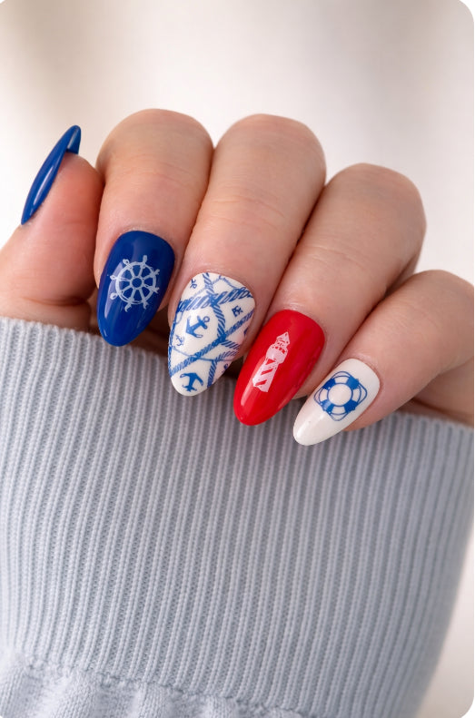 Nautical Press On Nails | Glossy Summer Holiday Nails | Handmade