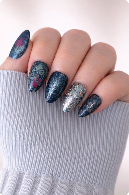 SPACE CATS Metallic Green Press-On Nails | Pink Cat Galaxy Design | Handmade