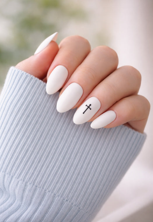 Easter Matte White Press On Nails with Black Crucifix | Crucifix Accent Nail | Matte Christian Nails | Handmade