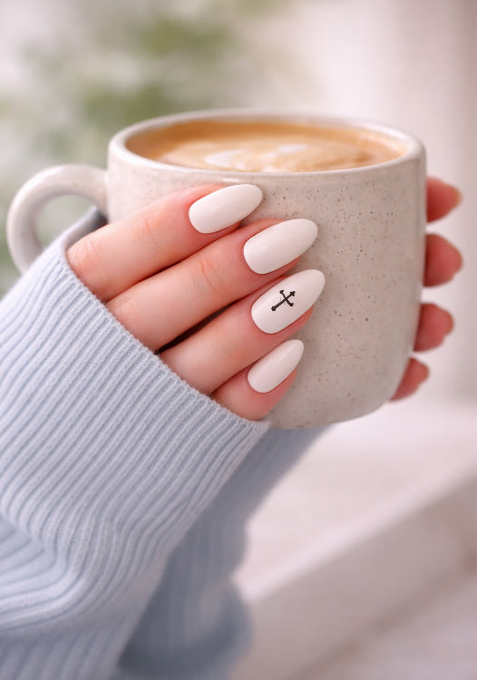 Easter Matte White Press On Nails with Black Crucifix | Crucifix Accent Nail | Matte Christian Nails | Handmade