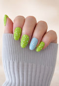 Green Polka Dot Press-On Nails with Blue Accent Ring Finger Handcrated