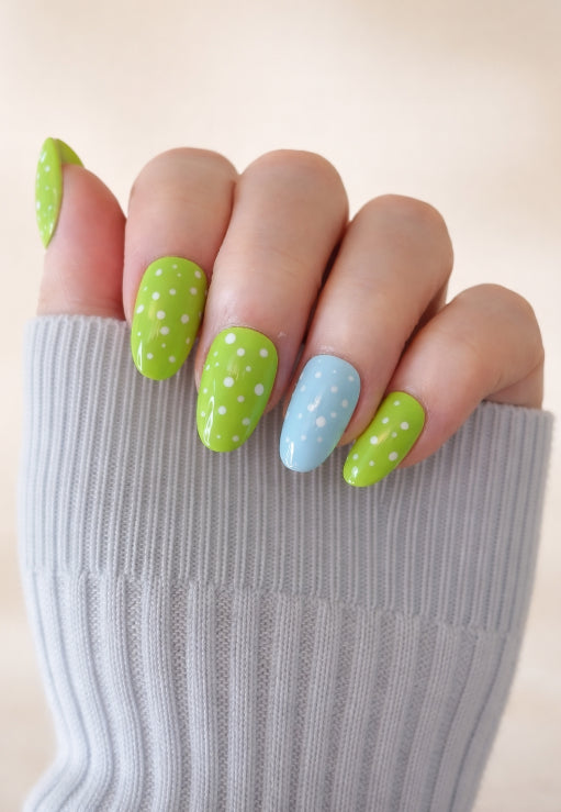 Green Polka Dot Press-On Nails with Blue Accent Ring Finger Handcrated