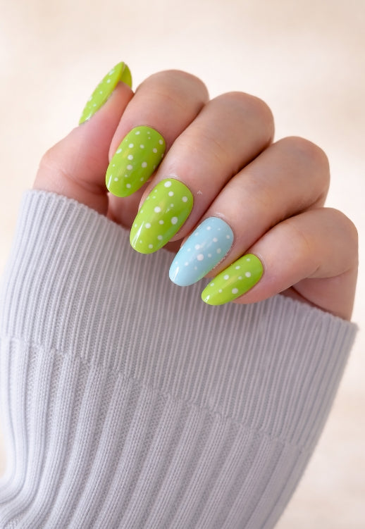 Green Polka Dot Press-On Nails with Blue Accent Ring Finger Handcrated