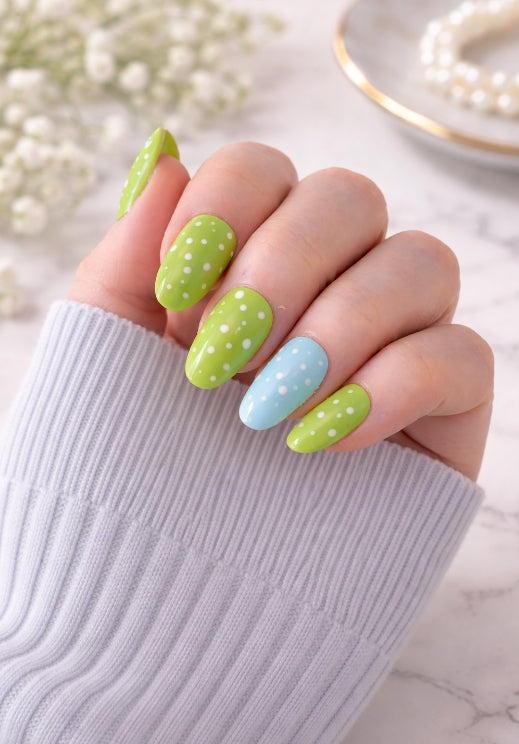 Green Polka Dot Press-On Nails with Blue Accent Ring Finger Handcrated