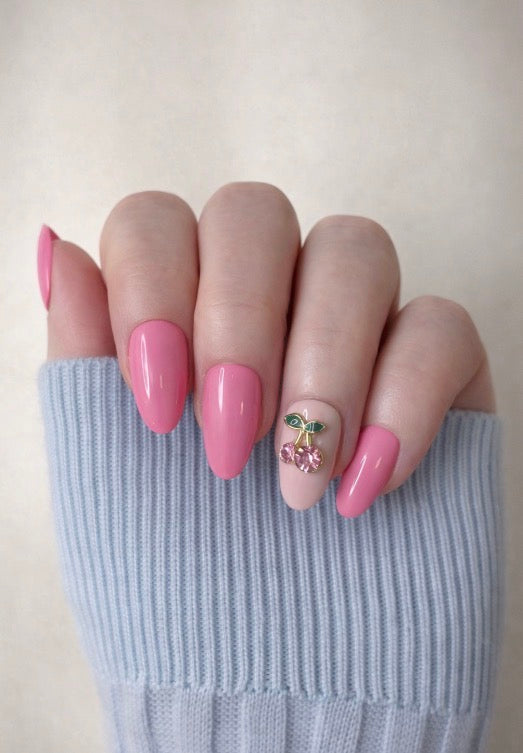 Cherry Blossom Luxe – Handcrafted Pink Press-On Nails with Cherry Charm