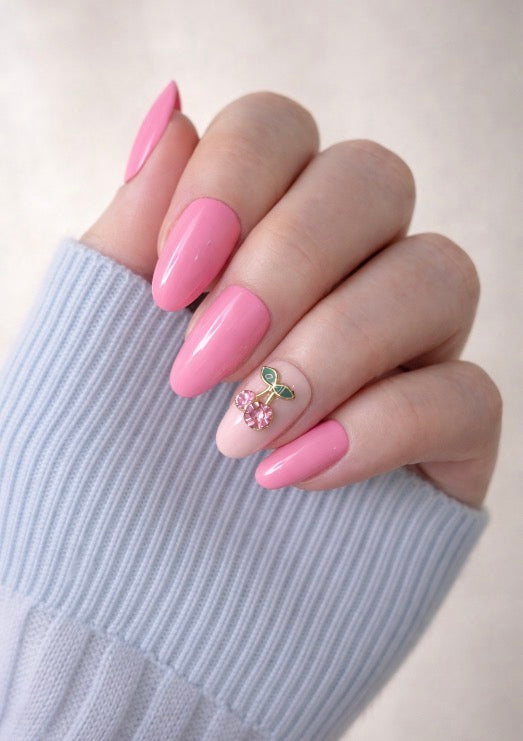 Cherry Blossom Luxe – Handcrafted Pink Press-On Nails with Cherry Charm