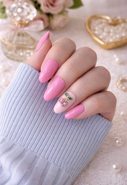 Cherry Blossom Luxe – Handcrafted Pink Press-On Nails with Cherry Charm