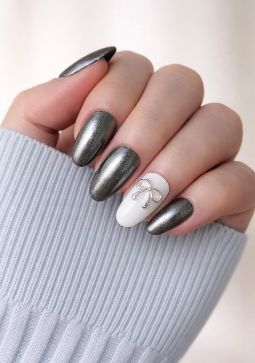 Glossy Silver and white Handcrafted Press-On Nails with silver bow decoration