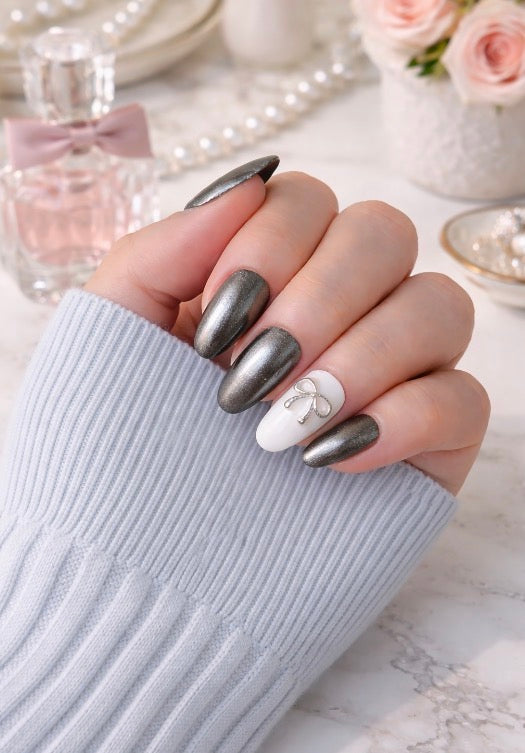 Glossy Silver and white Handcrafted Press-On Nails with silver bow decoration