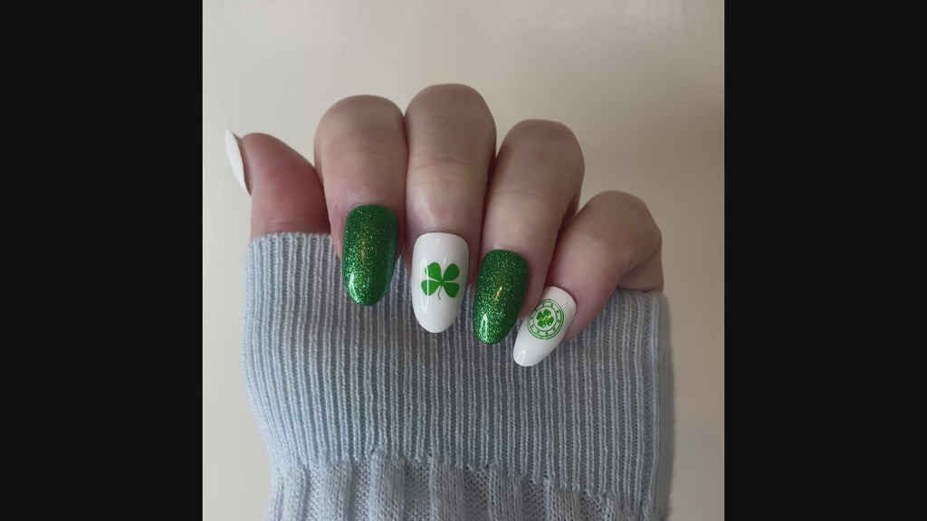 St Patrick’s Day Press On Nails | Shamrock, White & Green & Gold Nail Designs | Handmade