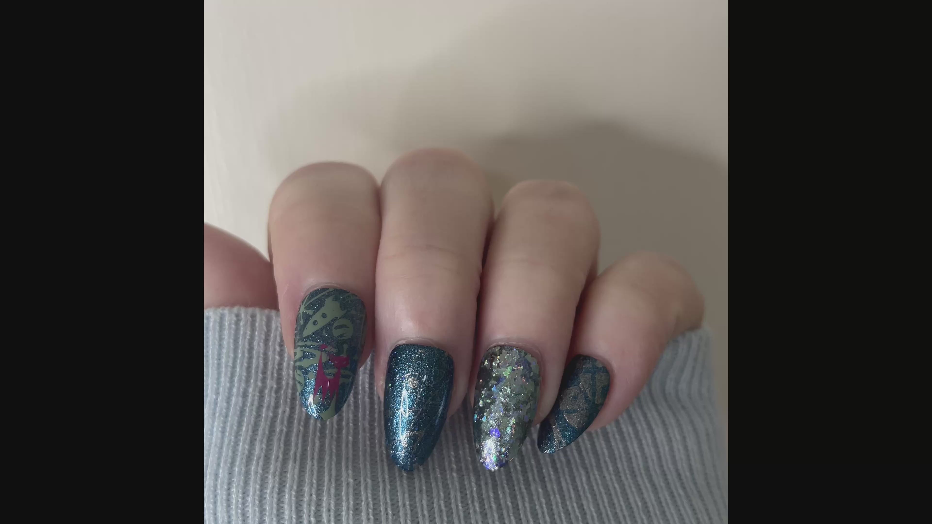 SPACE CATS Metallic Green Press-On Nails | Pink Cat Galaxy Design | Handmade